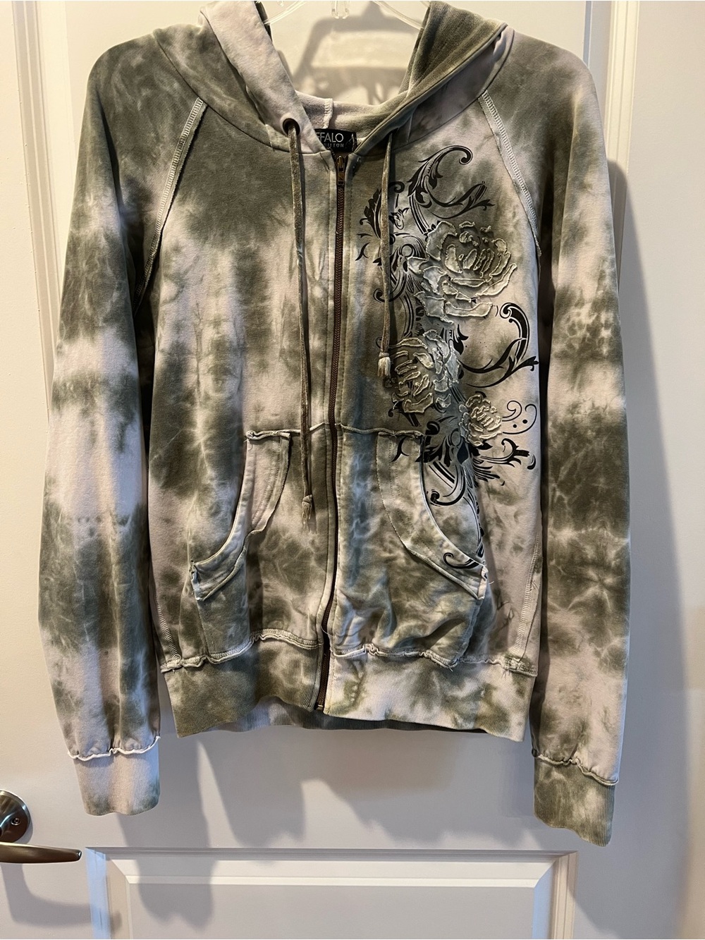 Buffalo David Bitton Olive and White Tie-Dye Zip Hoodie with Floral Graphic